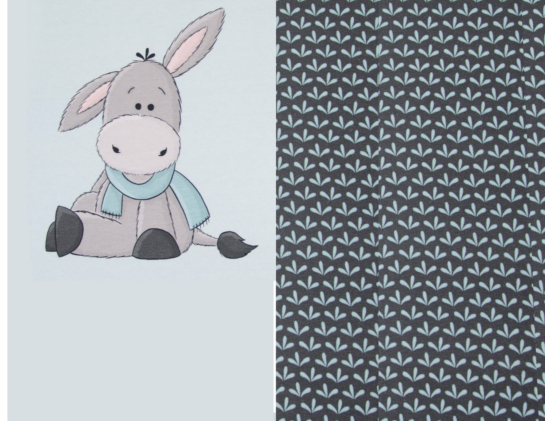 Abschnitt/Panel Jersey-Stoff  "Little Donkey" grau/mint, 50 x 150 cm
