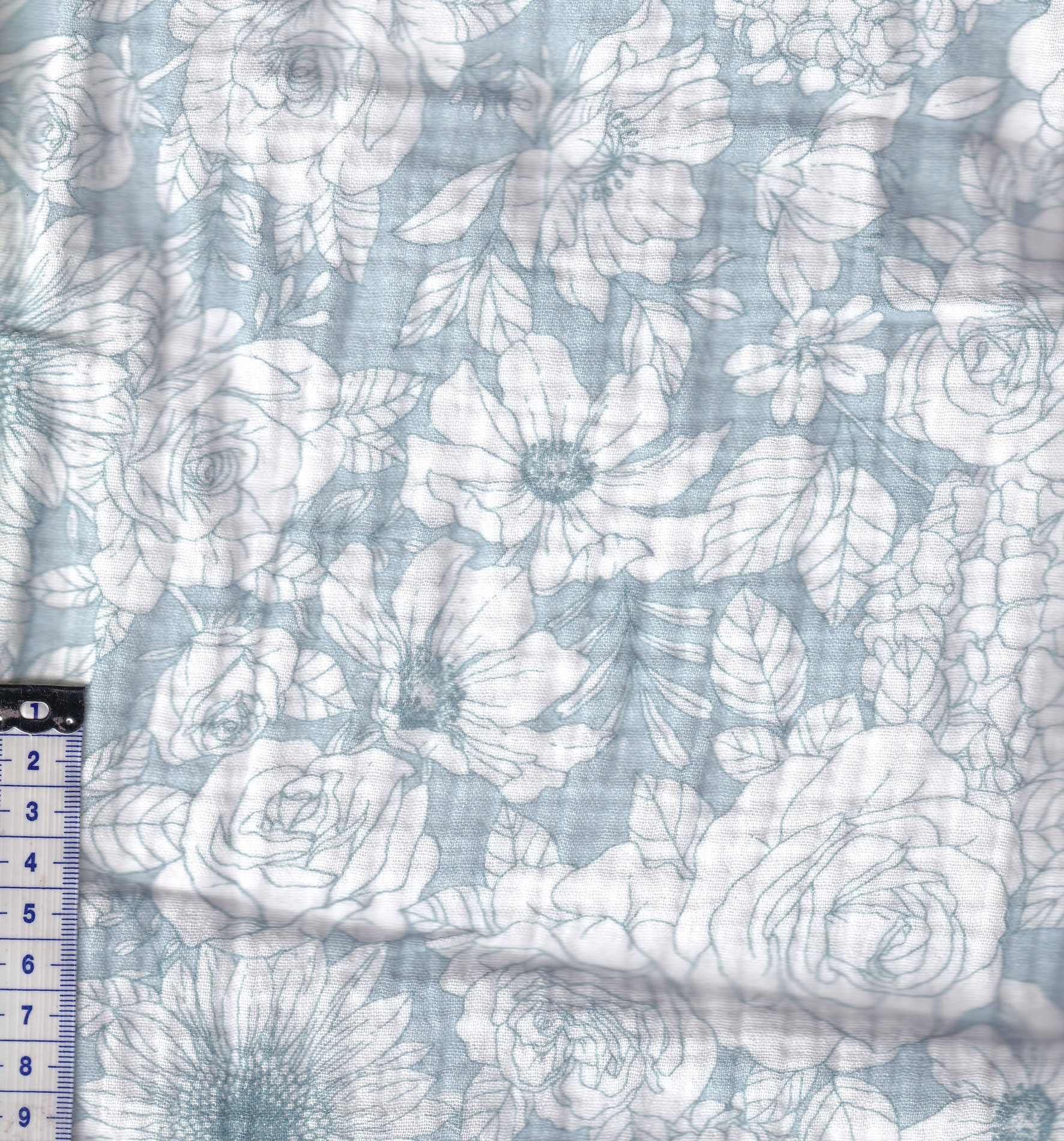 Baumwoll Musselin "Garden Marie" hellblau - weiß mit Blumen-Motiv, OEKO-TEX
