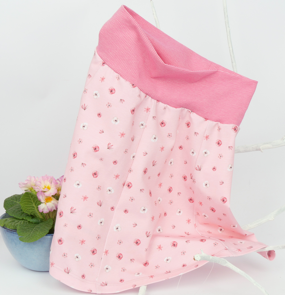 Nähset Kinderrock, rosa Jersey mit Blüten Gr.104-122